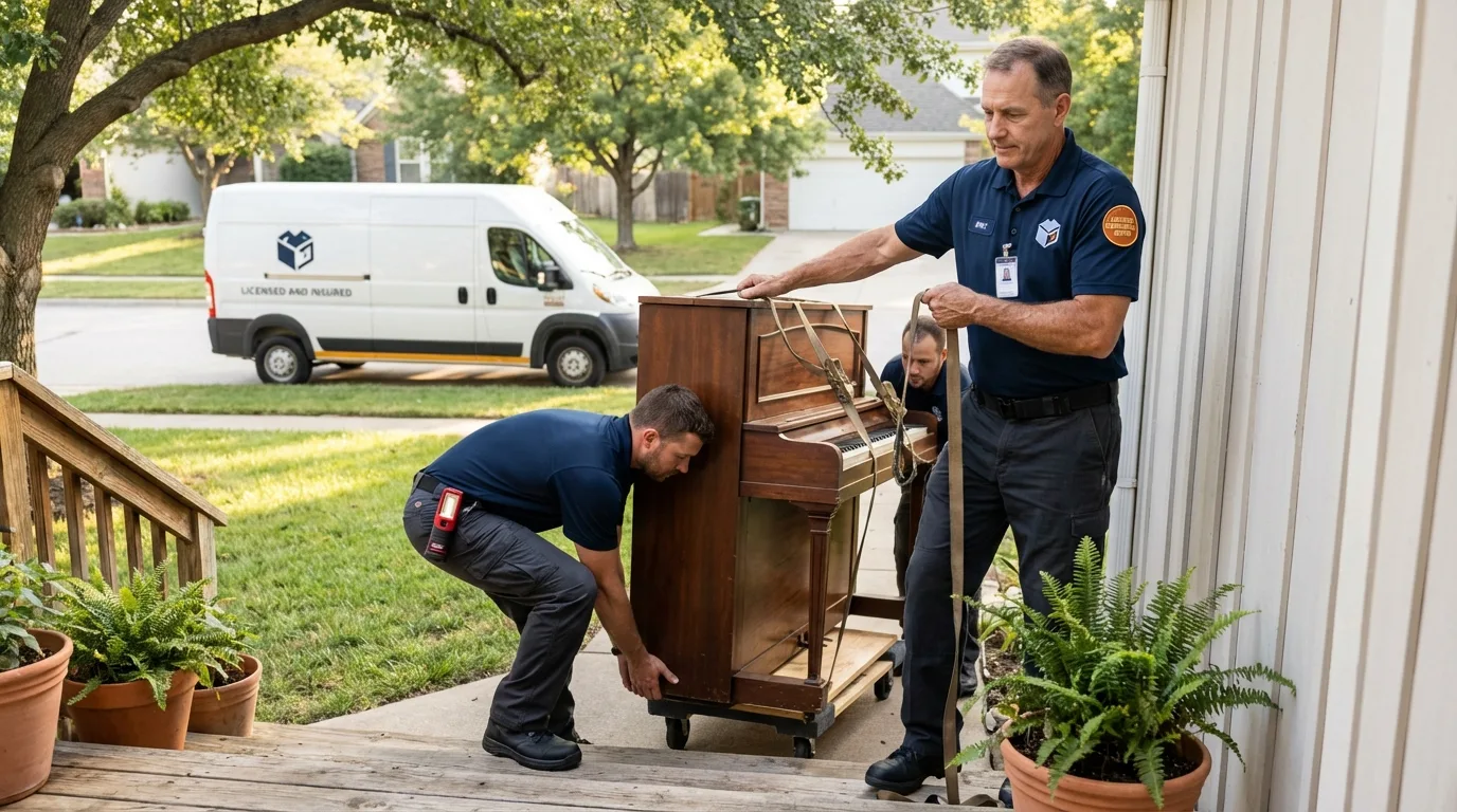Licensed piano movers securing grand piano in Center Hill, FL