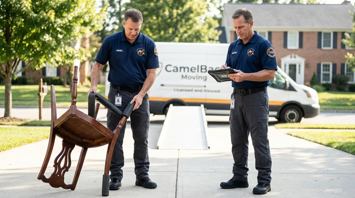 Movers inspecting furniture for damage prevention before loading in Center Hill, FL