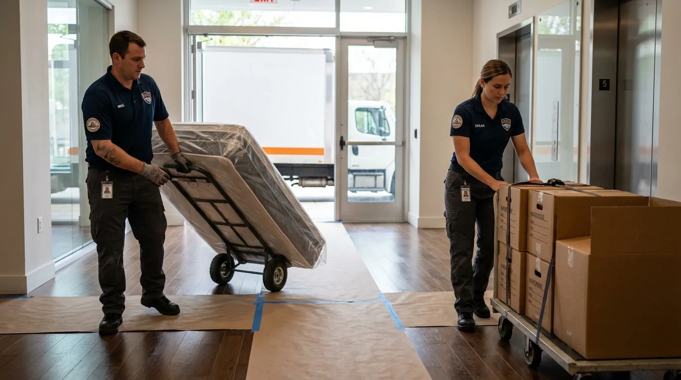 Professional apartment movers loading elevator in Center Hill, FL