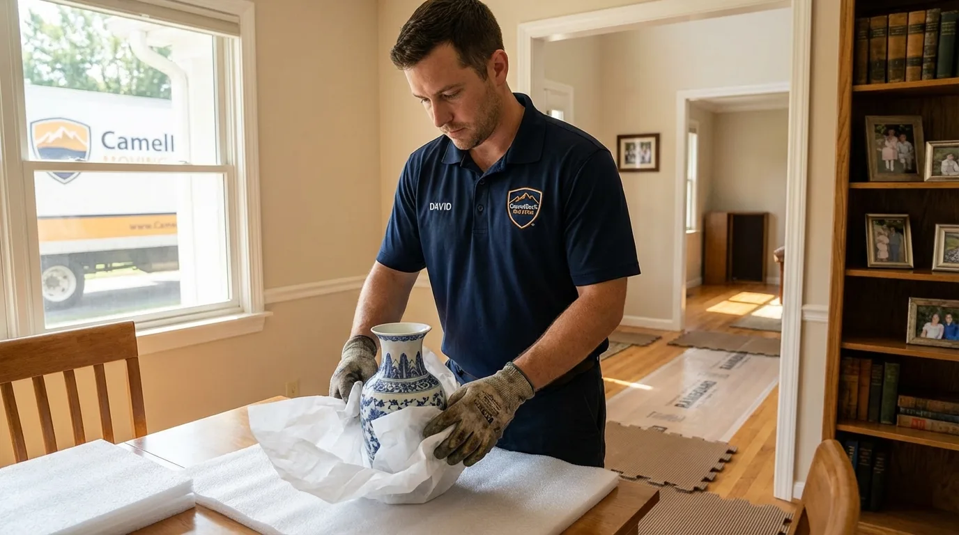 Professional crew carefully wrapping antique vase for senior downsizing move in Center Hill, FL